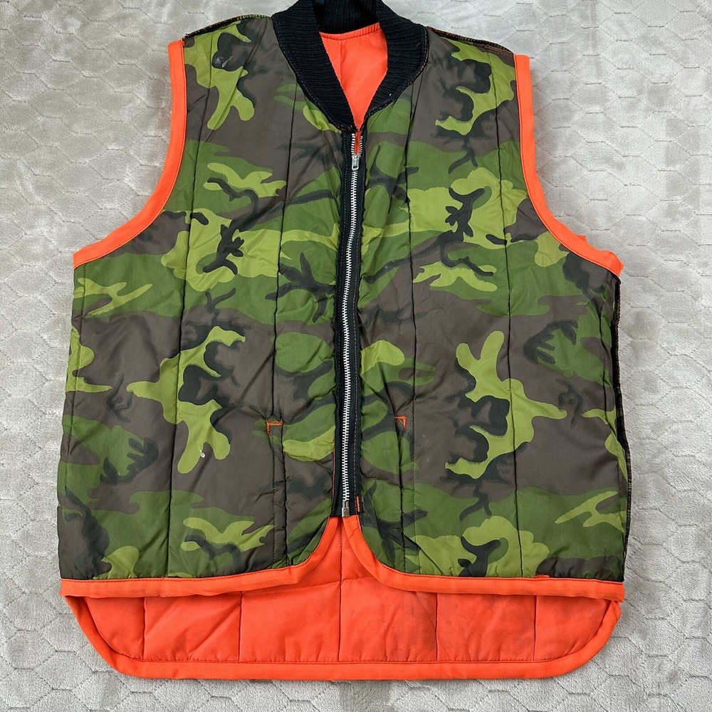 VTG Hunting Vest Reversible Woodland Camo Blaze Orange - Sz L - Simco Zipper